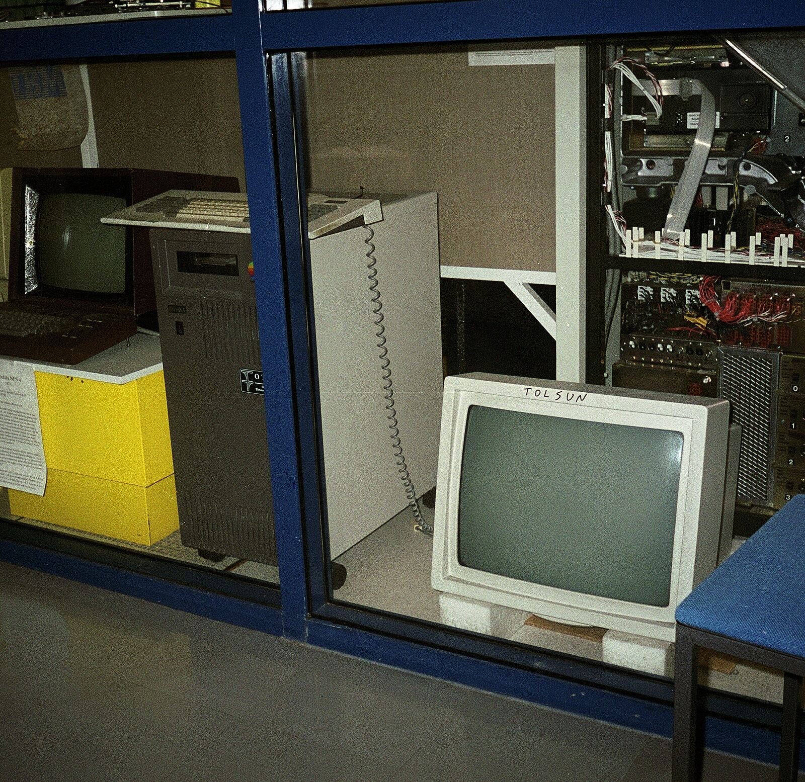 The first IRC server, tolsun.oulu.fi . A Sun-3 server. Photograph of the server on display near the University of Oulu computer centre in 2001. The machine itself is the gray box in the middle of the picture, behind the bar. Monitor is on the floor, labelled appropriately.