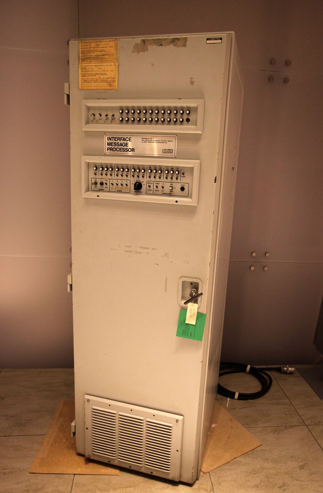 For the APRANET in 1969, the BBN Interface Message Processor (IMP) did the packet routing. (It's another cool artifact of history in the back room, awaiting installation in the new Computer History Museum exhibition hall.) The Honeywell 516 minicomputer inside had only 6,000 words of software (in 12K of core memory) and monitored network status and statistics. Cost: $82,200 The first transmission between UCLA and SRI took place on October 29, 1969. Larry Roberts, architect of the Internet, diagrammed some of that rich history at our CEO Summit.