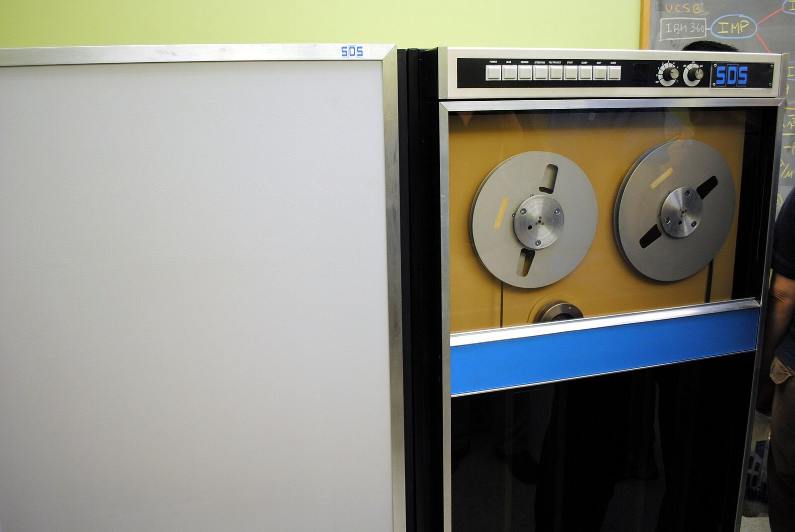 This is the very first computer to ever be connected to the Internet. Of course, back in 1969 it wasn't called the Internet, but the ARPANET, and really there was no ARPANET to connect to - this computer and its accompanying Interface Message Processor formed the first node on the ARPANET, and the connection from UCLA to the Stanford Research Institute (SRI) was the first backbone link on the ARPANET. This computer sent, with the aid of the IMP (which is essentially a router), the very first message ever sent on the Internet , which promptly crashed the computer on SRI's end. I took this photo at the grand re-opening of the original Boelter 3420 lab at UCLA, the birthplace of the Internet, as the Kleinrock Internet Heritage Site and Archive, which will soon open to the public. If you'd like to learn more about the museum, click here ..