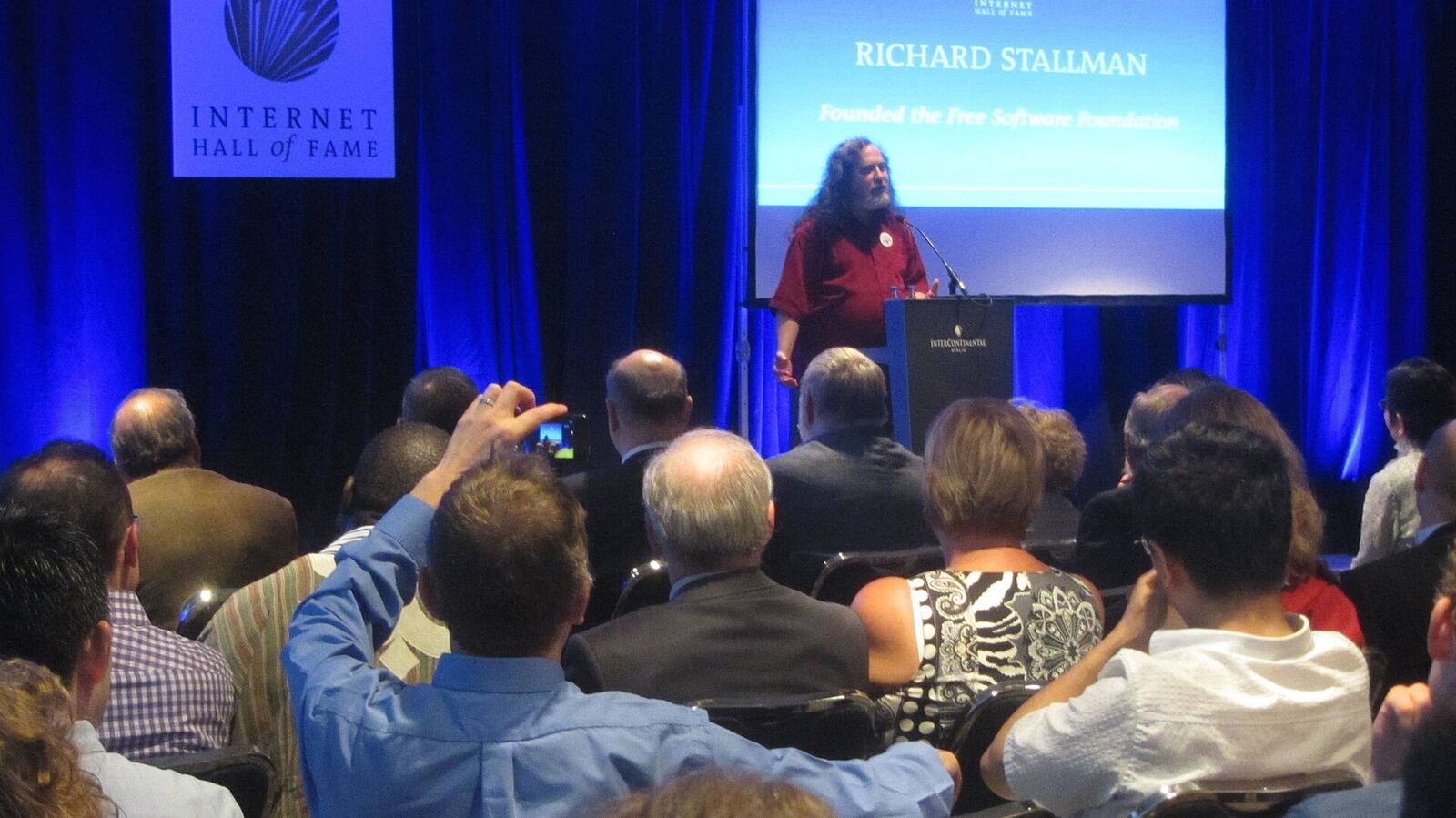 RMS at the InterContinental Hotel, in Berlin , Germany , was inducted in the Internet Hall of Fame , in recognition of his contributions as an innovator and for founding the Free Software Foundation .